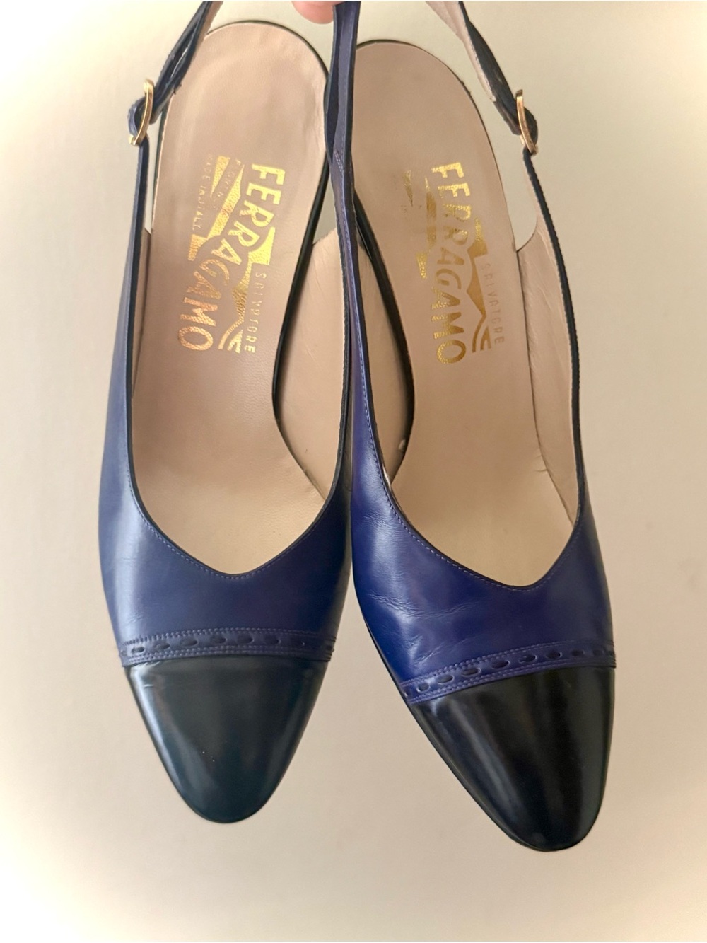 FERRAGAMO Navy and Black Leather Slingback Pumps